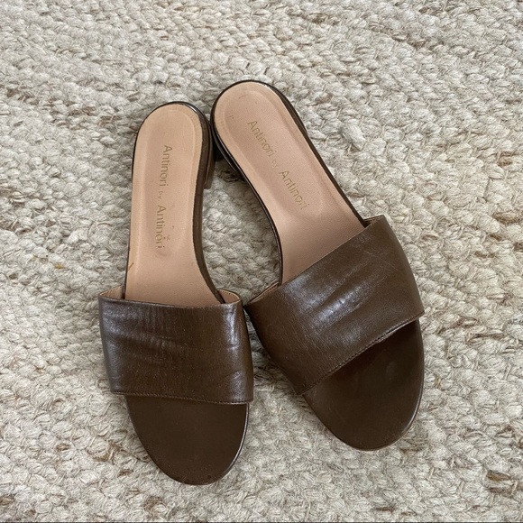 Olive Green Italian Leather Slide Sandals - Picture 1 of 4